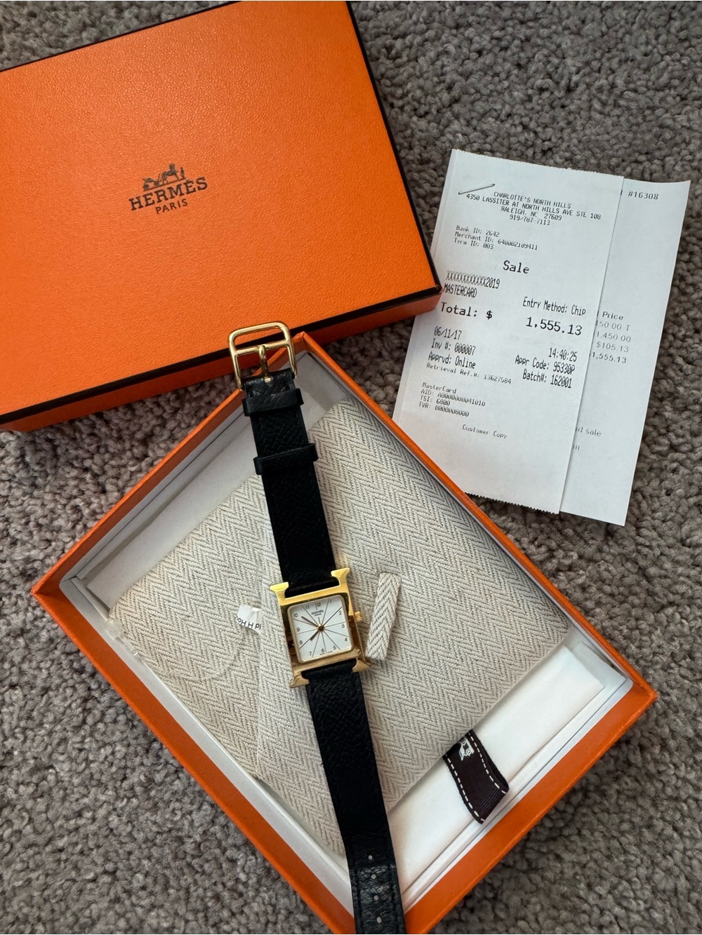 Hermes Black Leather Watch with Gold-Tone Square Case